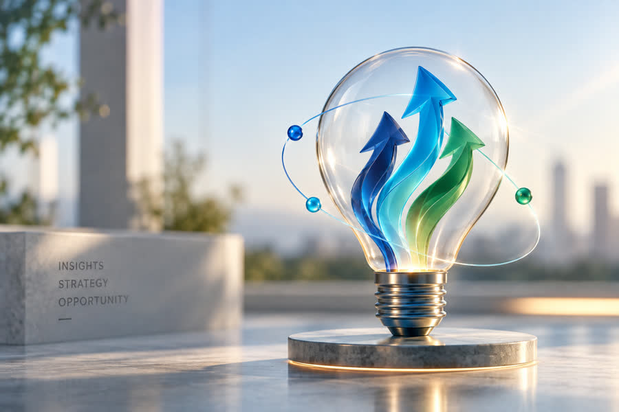 A glass bulb holding three rising arrows in blue and green, on a stone plinth marked insights, strategy, opportunity.