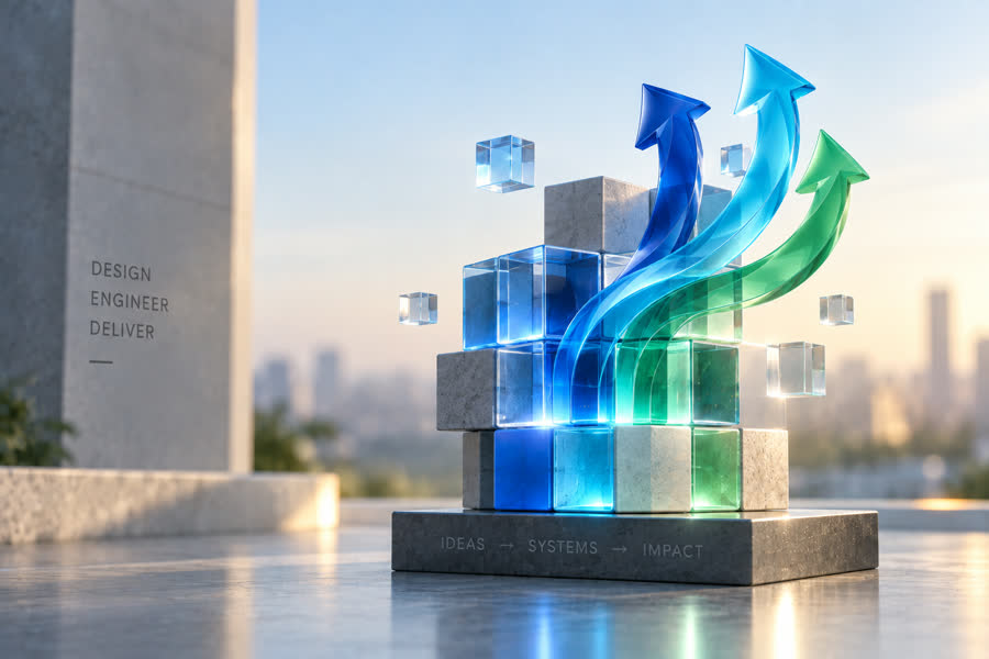 Interlocking glass and stone blocks with three arrows rising from them, the plinth marked ideas, systems, impact.