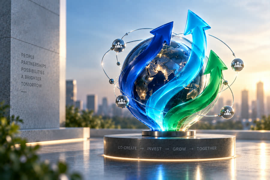 Three arrows rising around a lit globe ringed by orbiting figures, the plinth marked co-create, invest, grow, together.