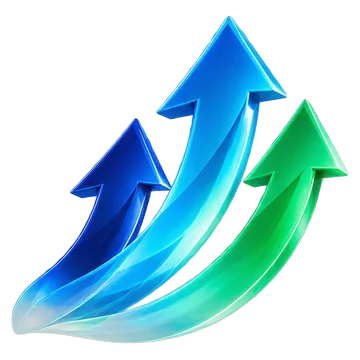 Three arrows curving upward together in blue, cyan and green.